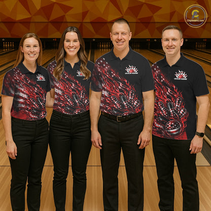 Custom Patriotic Red Flame Bowling Shirts, US Flag Bowling Team Jerseys Freedom 4Th Of July Bowling Shirt IPHW10433