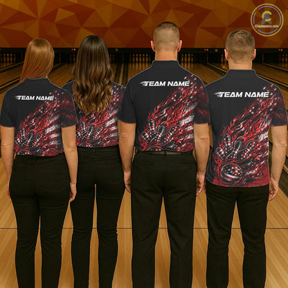 Custom Patriotic Red Flame Bowling Shirts, US Flag Bowling Team Jerseys Freedom 4Th Of July Bowling Shirt IPHW10433