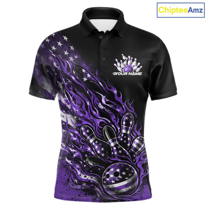 Custom Patriotic Purple Flame Bowling Shirts, US Flag Bowling Team Jerseys Freedom 4Th Of July Bowling Shirt IPHW10434