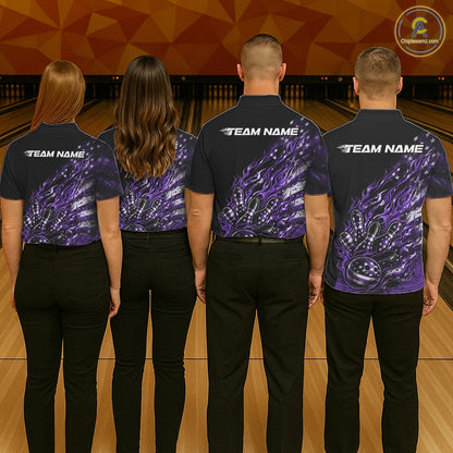 Custom Patriotic Purple Flame Bowling Shirts, US Flag Bowling Team Jerseys Freedom 4Th Of July Bowling Shirt IPHW10434