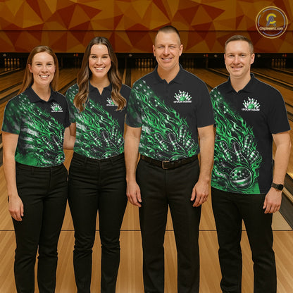 Custom Patriotic Green Flame Bowling Shirts, US Flag Bowling Team Jerseys Freedom 4Th Of July Bowling Shirt IPHW10435