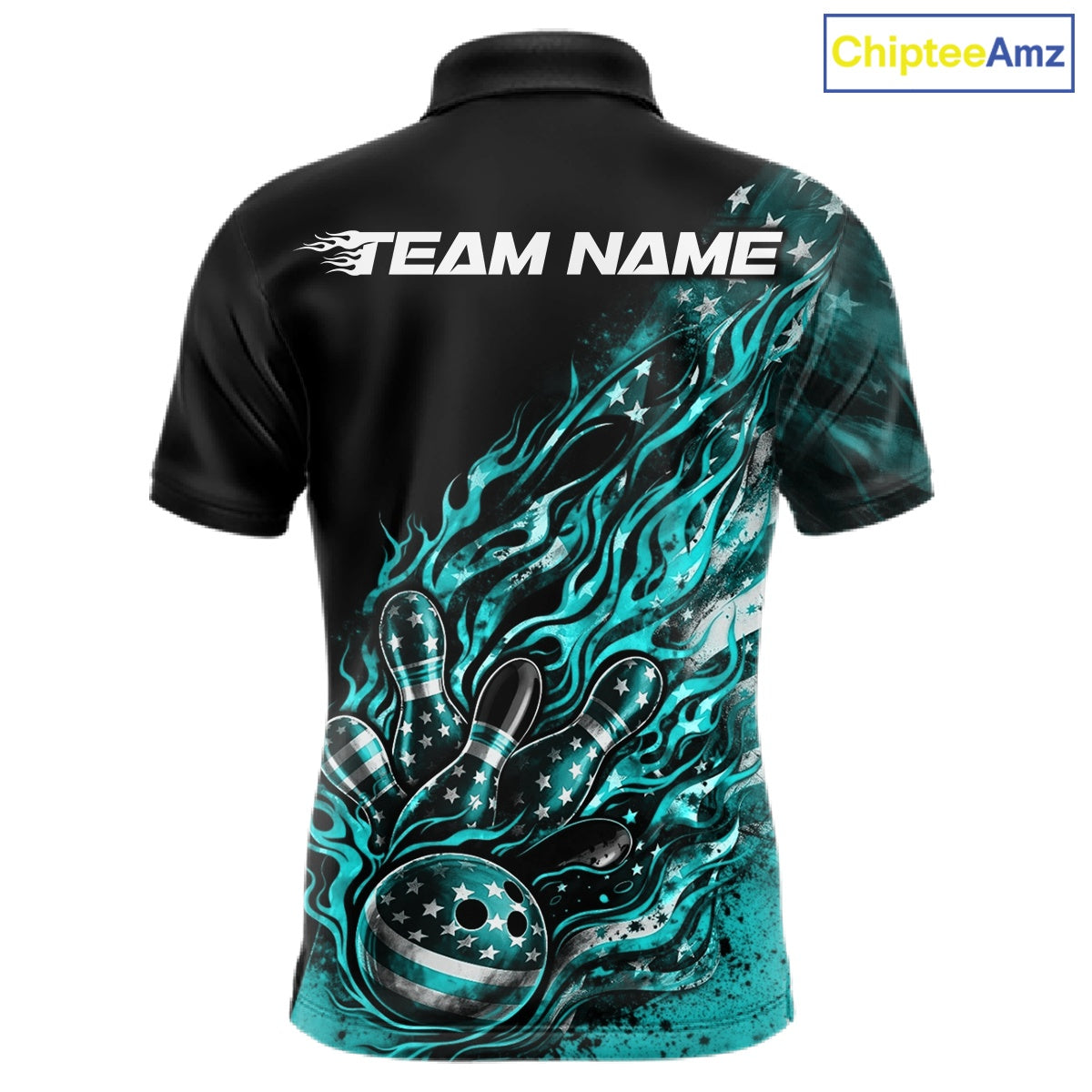 Custom Patriotic Turquoise Blue Flame Bowling Shirts, US Flag Bowling Team Jerseys Freedom Bowling Shirt IPHW10436