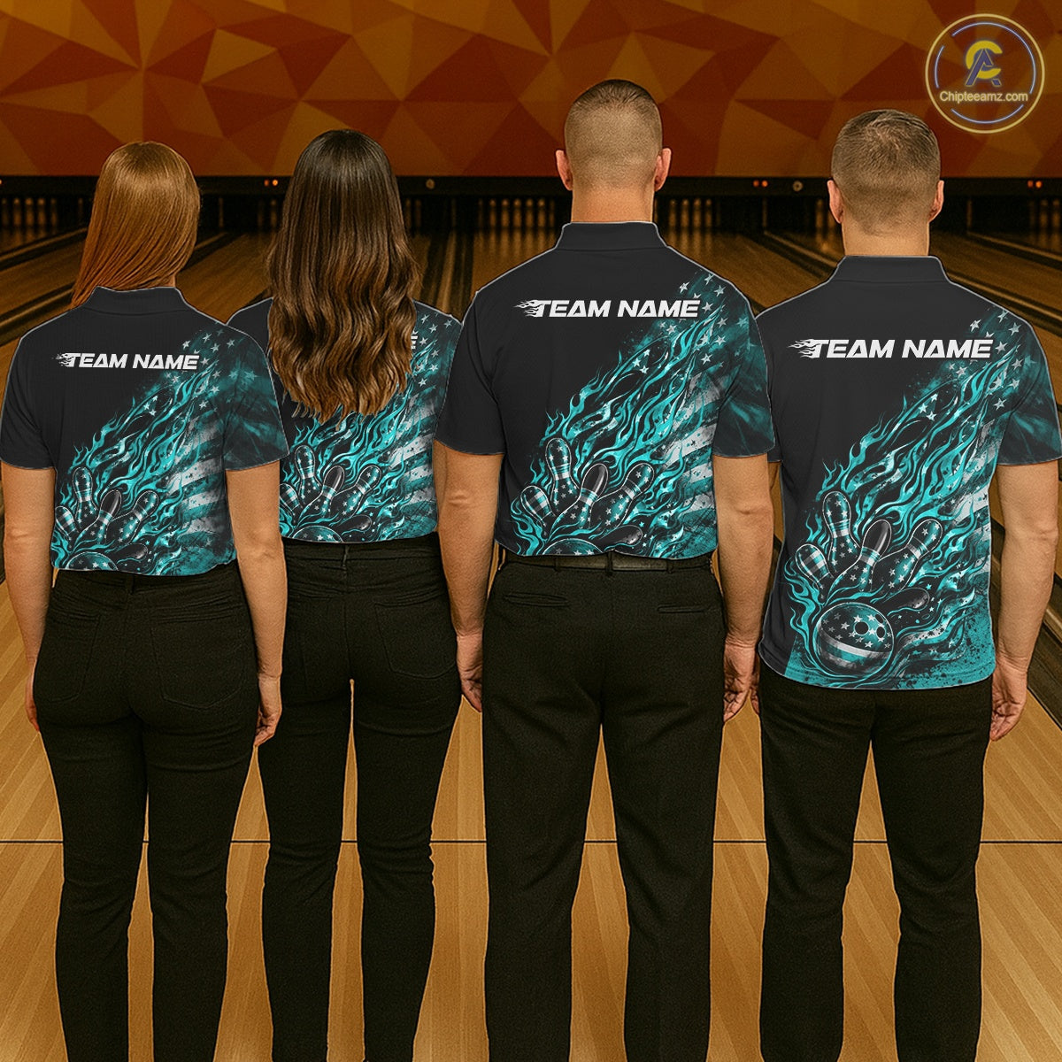 Custom Patriotic Turquoise Blue Flame Bowling Shirts, US Flag Bowling Team Jerseys Freedom Bowling Shirt IPHW10436