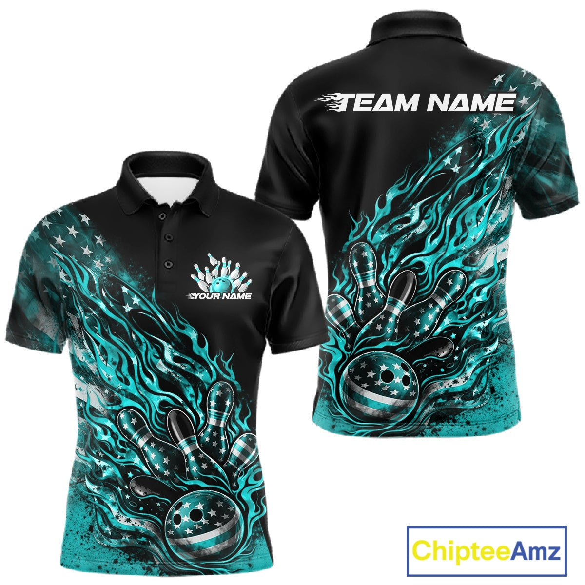 Custom Patriotic Turquoise Blue Flame Bowling Shirts, US Flag Bowling Team Jerseys Freedom Bowling Shirt IPHW10436