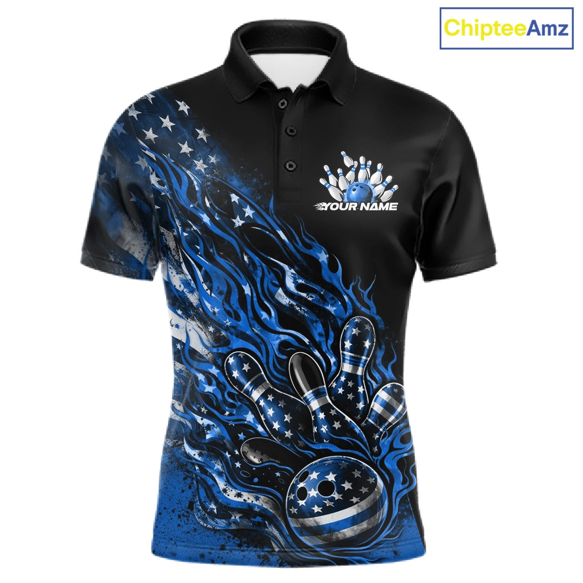 Custom Patriotic Blue Flame Bowling Shirts, US Flag Bowling Team Jerseys Freedom 4Th Of July Bowling Shirt IPHW10437