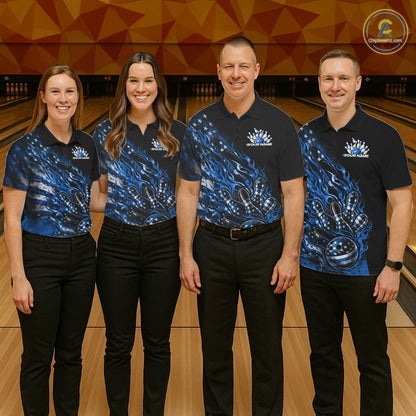 Custom Patriotic Blue Flame Bowling Shirts, US Flag Bowling Team Jerseys Freedom 4Th Of July Bowling Shirt IPHW10437