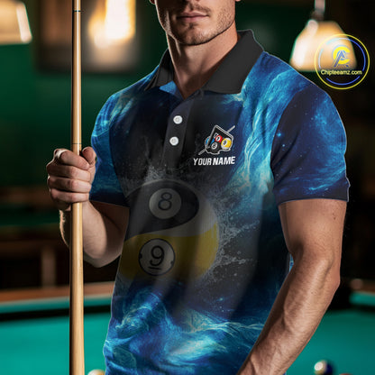 Man holding a pool cue wearing a blue polo shirt with a pool ball design and 'Your Name' text.