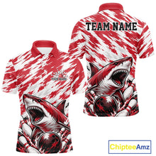 Load image into Gallery viewer, Red and white polo shirt with shark design and customizable text on a white background