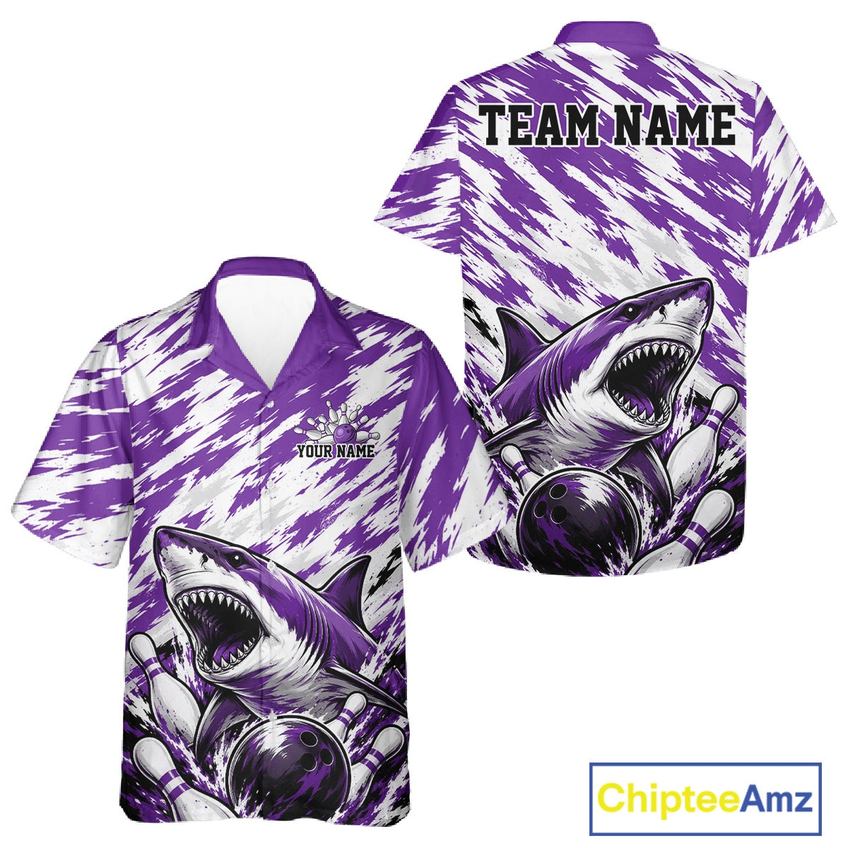 Purple and white sports jersey with shark design and customizable text on a white background