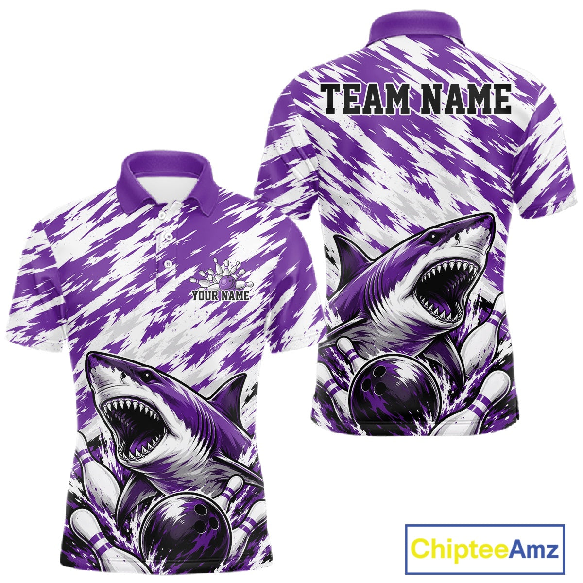 Purple and white shark-themed polo shirt with 'Team Name' text on a white background