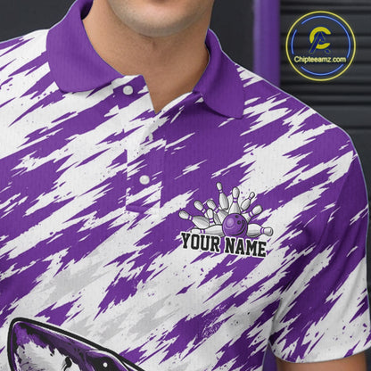 Purple and white patterned polo shirt with a bowling design and 'Your Name' text, worn by a person.
