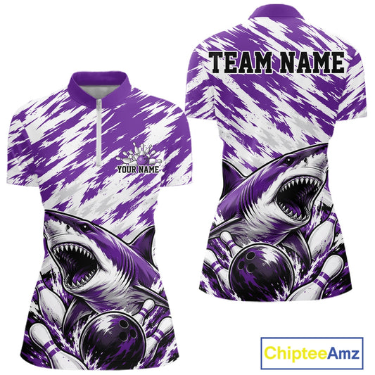 Purple and white sports jersey with shark design and customizable text, featuring Chiptee Amz branding.