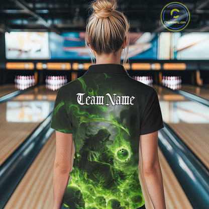 Custom Electric Green Fire Grim Reaper Bowling Women Polo Shirts, Halloween Bowling Shirt IPHW9465