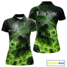 Load image into Gallery viewer, Custom Electric Green Fire Grim Reaper Bowling Women Polo Shirts, Halloween Bowling Shirt IPHW9465