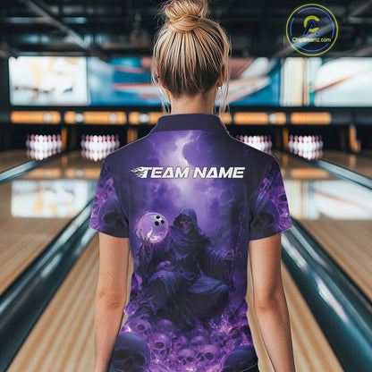 Custom Blue And Purple Flame Bowling Skull Women Polo Shirts, Halloween Bowling Outfits IPHW9467