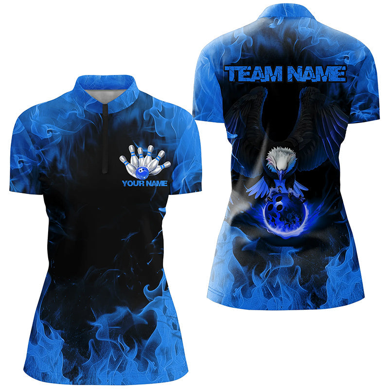 Blue Flame Eagle Bowling Team Shirts For Women, Fire Custom Bowling Uniforms Outfit Bowling IPHW7117