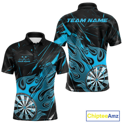Custom Black And Blue Flame Dartboard Dart Polo Shirts For Men, Dart Players Outfits IPHW9689