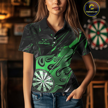 Custom Black And Green Flame Dartboard Dart Polo Shirts For Women, Dart Players Outfits IPHW9690