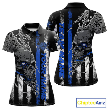 Custom Blue Line American Flag Patriotic Skull Dart Women Polo Shirt, Halloween Outfit IPHW9692