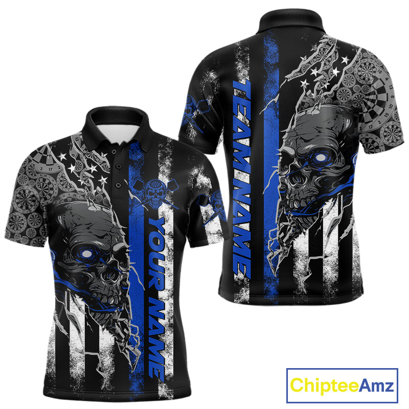 Custom Blue Line American Flag Patriotic Skull Dart Men Polo Shirts, Halloween Dart Outfit IPHW9692