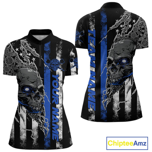 Custom Blue Line US Flag Patriotic Skull Dart Women Quarter-Zip Shirts, Halloween Outfit IPHW9692