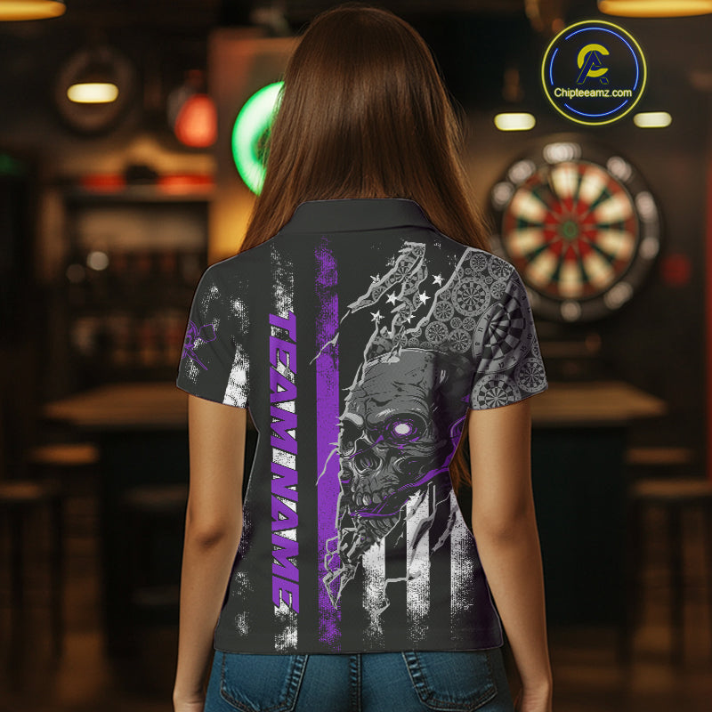 Custom Purple Line American Flag Patriotic Skull Dart Women Polo Shirt, Halloween Outfit IPHW9693