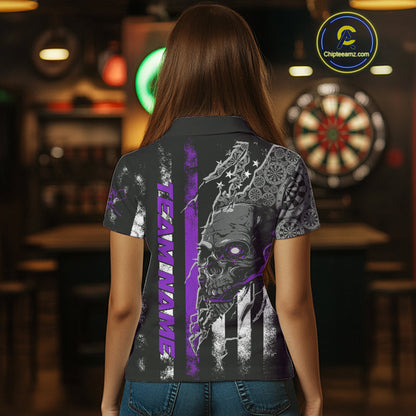 Custom Purple Line American Flag Patriotic Skull Dart Women Polo Shirt, Halloween Outfit IPHW9693
