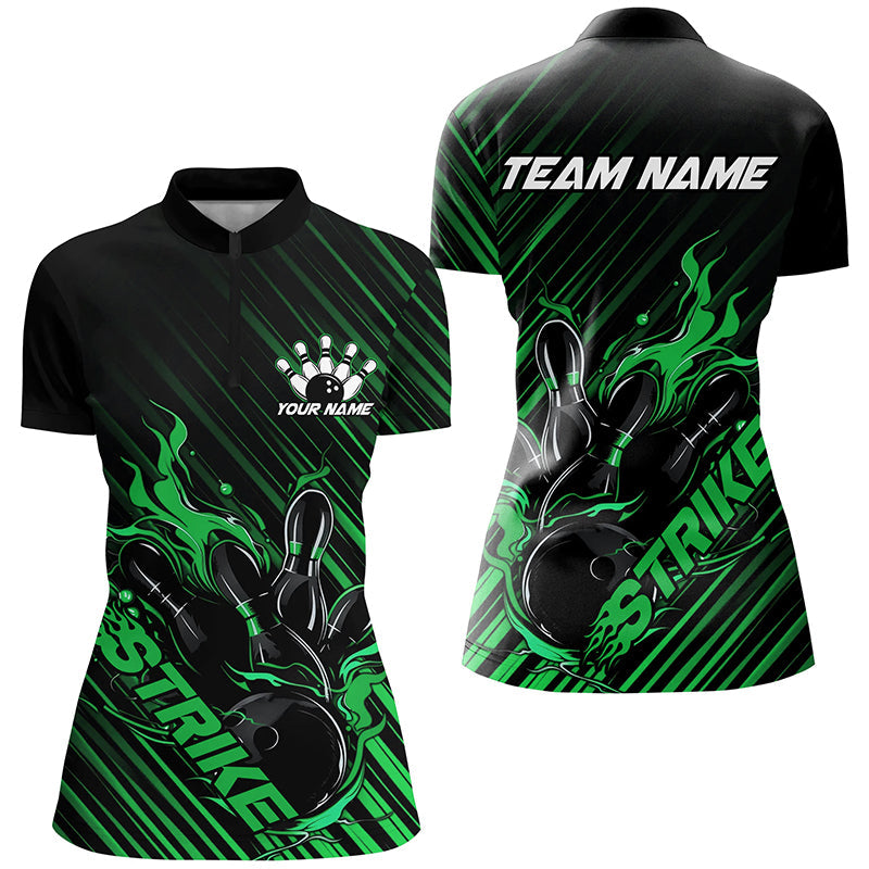 Custom Black And Green Flame Ladies Bowling Shirts, Strike Bowling Team Shirts Outfit IPHW7425