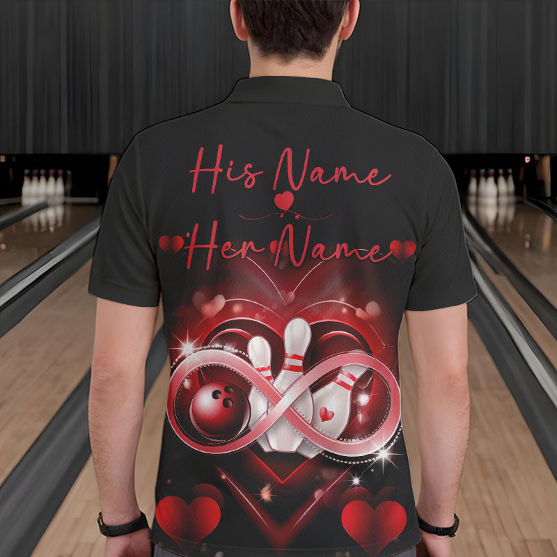 Custom Valentines Day Bowling Polo Shirts For Men, Infinity Love Bowling Couple Shirt IPHW8369