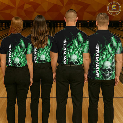 Custom Multi Styles Green Flame Skull Halloween Bowling Team Shirts, Bowling Tournament Shirt Bowling Jersey IPHW10442
