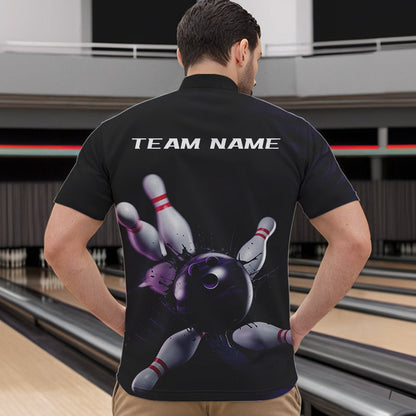 Custom Black And Purple Bowling Jerseys, Bowling League Quarter-Zip Shirts For Men Team Uniform IPHW8561
