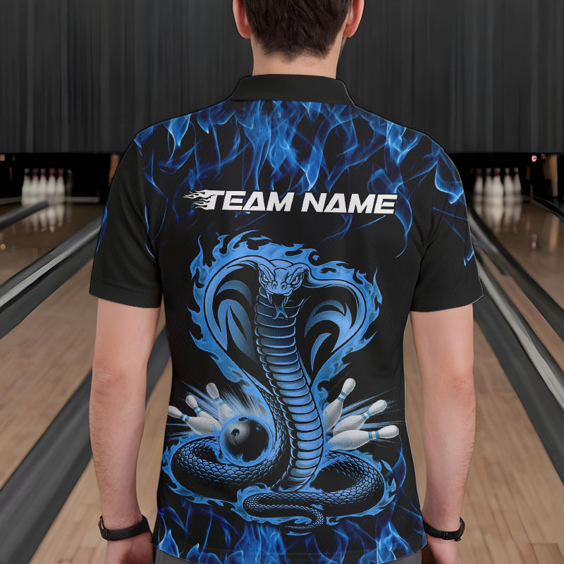 Custom Black And Blue Flame Cobra Snake Bowling Polo Shirts For Men, Bowling Team Uniform IPHW8568