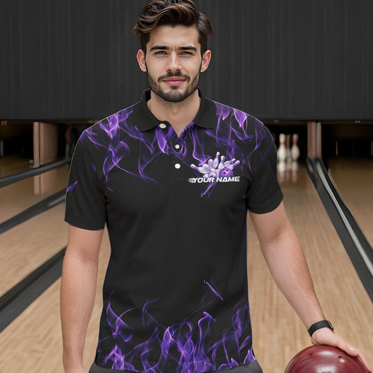 Custom Black And Purple Flame Cobra Snake Bowling Polo Shirts For Men, Bowling Team Uniform IPHW8569