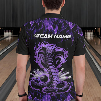 Custom Black And Purple Flame Cobra Snake Bowling Polo Shirts For Men, Bowling Team Uniform IPHW8569