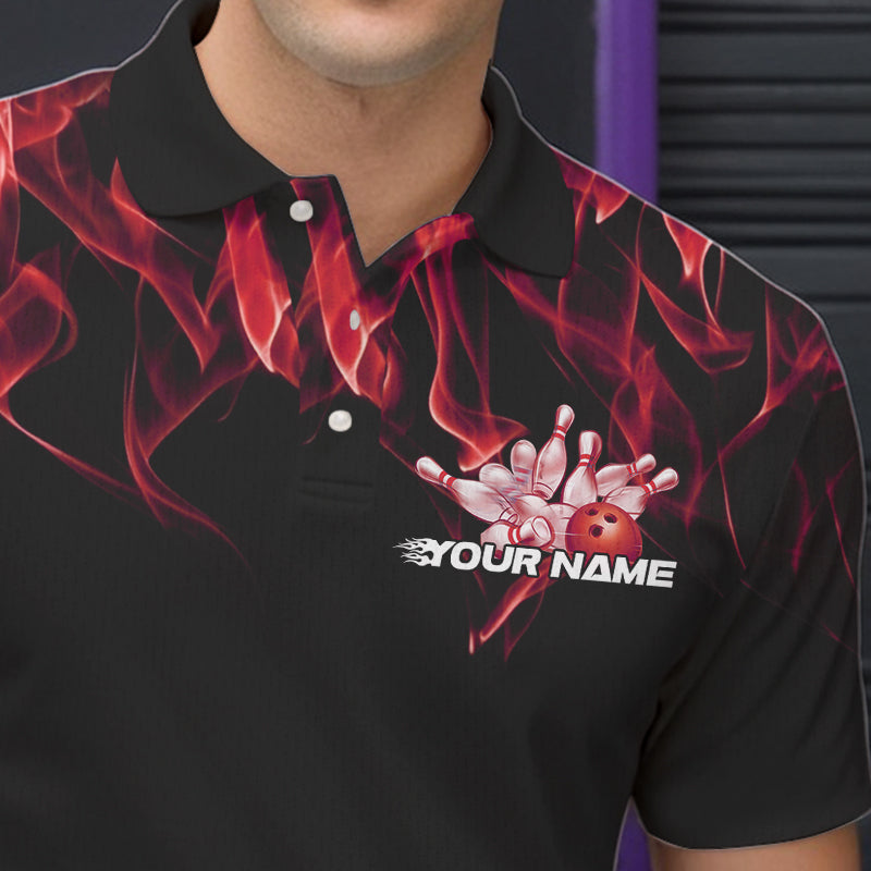 Custom Black And Red Flame Cobra Snake Bowling Polo Shirts For Men, Bowling Team Uniform IPHW8570