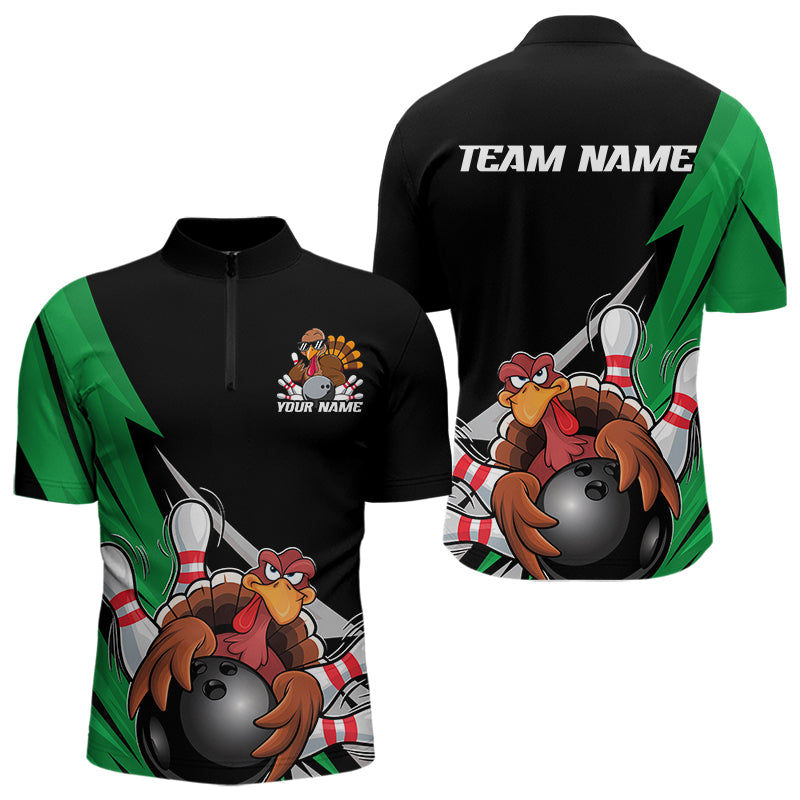 Black And Green Custom Funny Turkey Thanksgiving Bowling Team Quarter-Zip Shirts For Men IPHW8876
