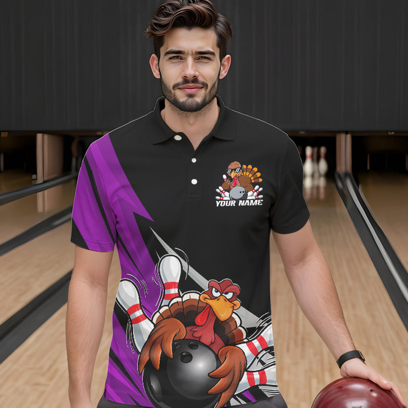 Black And Purple Custom Funny Turkey Thanksgiving Bowling Team Polo Shirts For Men IPHW8877