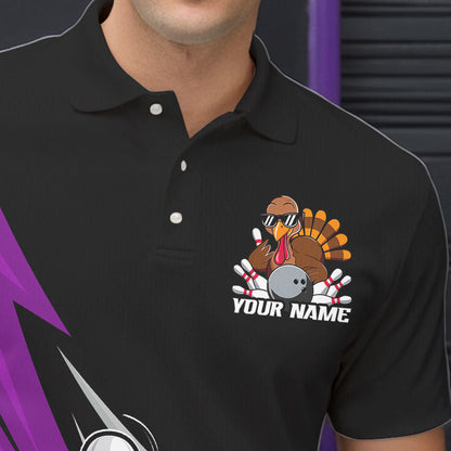 Black And Purple Custom Funny Turkey Thanksgiving Bowling Team Polo Shirts For Men IPHW8877
