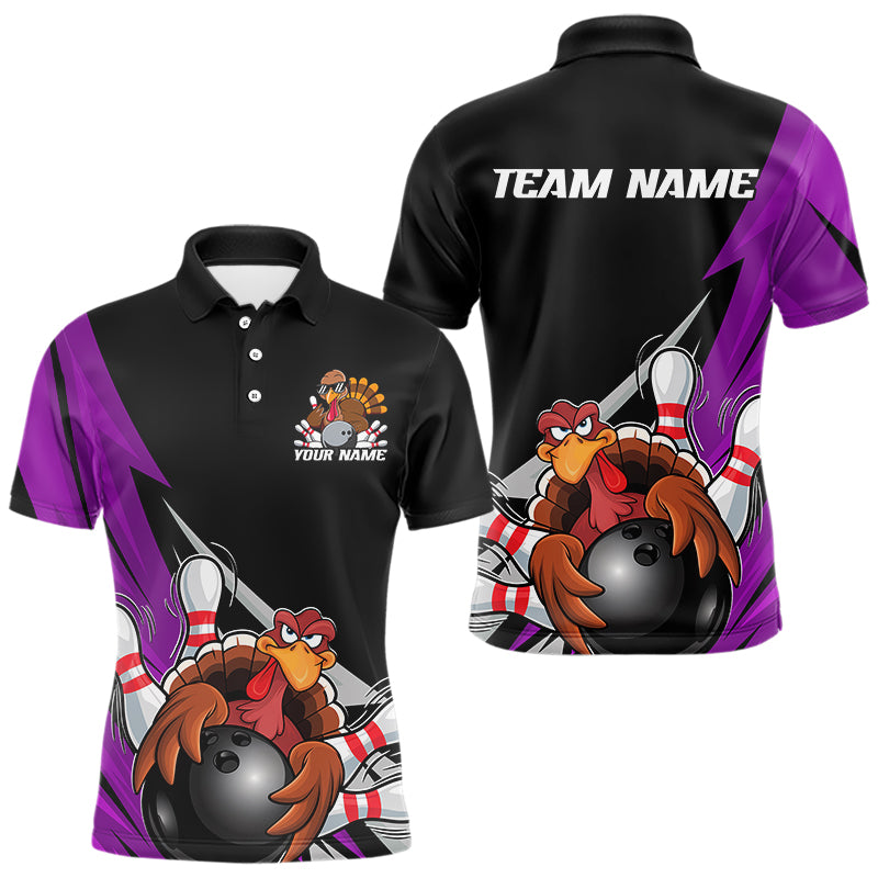 Black And Purple Custom Funny Turkey Thanksgiving Bowling Team Polo Shirts For Men IPHW8877