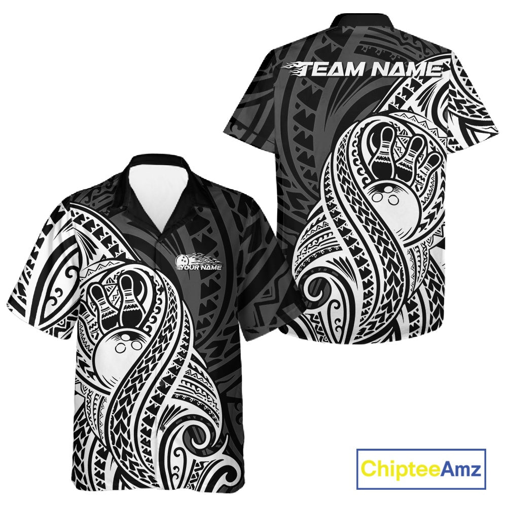 Custom Black And White Maori Style Koru Spiral Tribal Men And Women Bowling Hawaiian Team Shirt IPHW10949