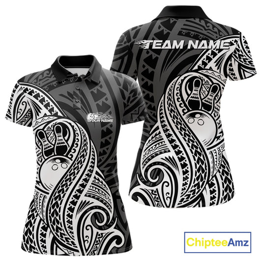 Custom Black And White Maori Style Koru Spiral Tribal Women Bowling Polo Team Shirt IPHW10949