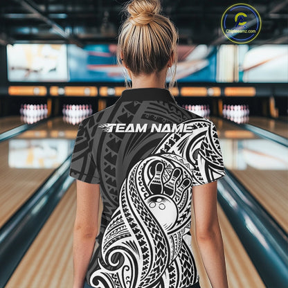 Custom Black And White Maori Style Koru Spiral Tribal Women Bowling Polo Team Shirt IPHW10949
