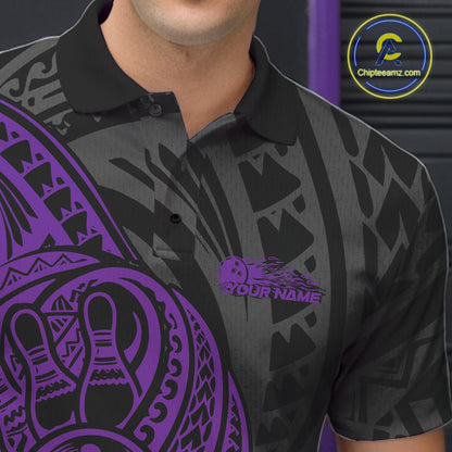 Custom Black And Purple Maori Style Koru Spiral Tribal Men Bowling Polo Team Shirt IPHW10951