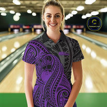 Load image into Gallery viewer, Custom Black And Purple Maori Style Koru Spiral Tribal Women Bowling Polo Team Shirt IPHW10951