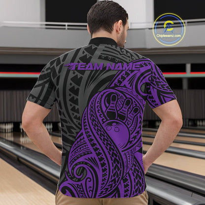 Custom Black And Purple Maori Style Koru Spiral Tribal Men Bowling Quarter-Zip Team Shirt IPHW10951