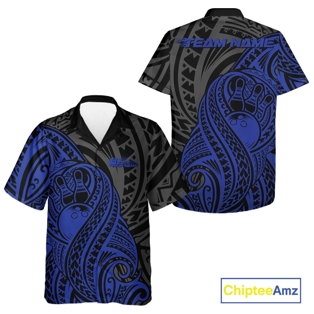 Custom Black And Blue Maori Style Koru Spiral Tribal Men And Women Bowling Hawaiian Team Shirt IPHW10952