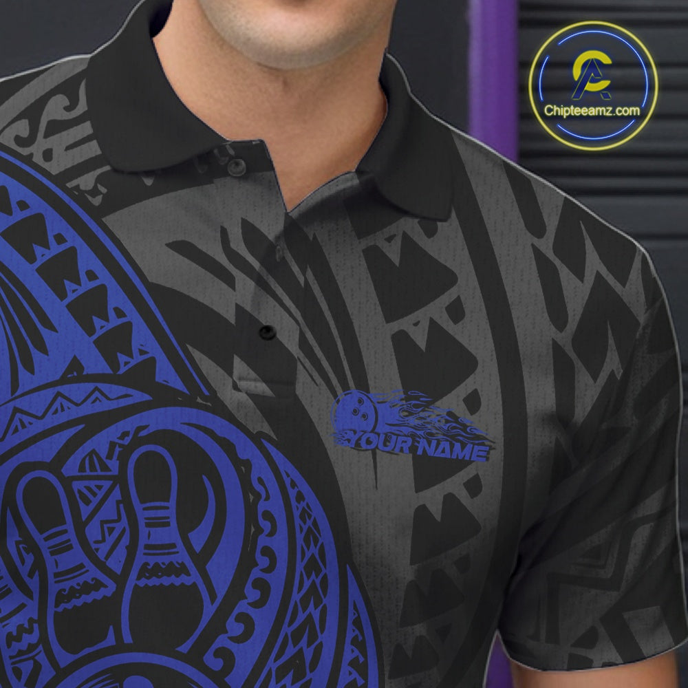 Custom Black And Blue Maori Style Koru Spiral Tribal Men Bowling Polo Team Shirt IPHW10952