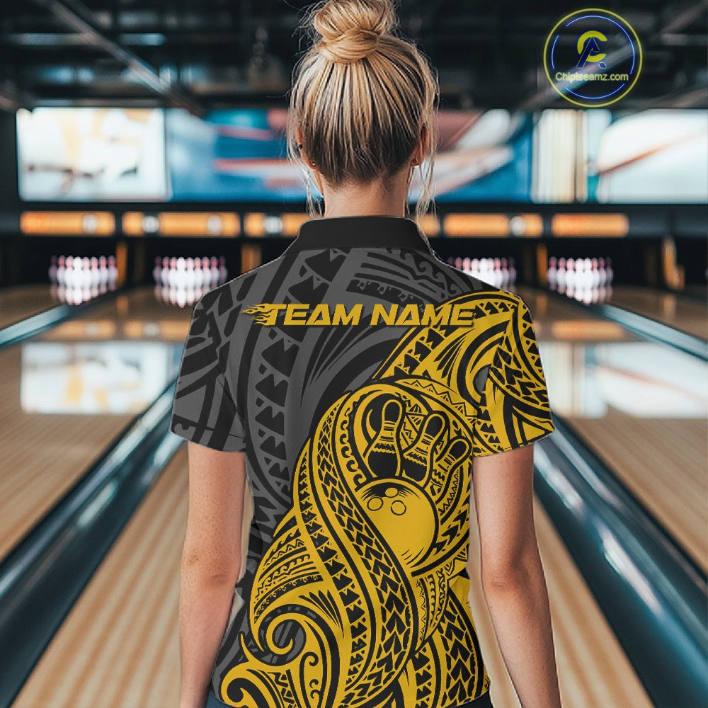 Custom Black And Yellow Maori Style Koru Spiral Tribal Women Bowling Quarter-Zip Shirt IPHW10953