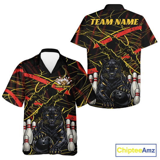 Custom bowling-themed short-sleeve button up shirts shown from both front and back views. The black shirts feature a graphic of a black panther holding a bowling ball, bowling pins, and red and yellow paint splatters.