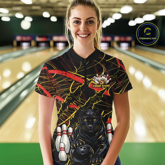 Custom Black, Gold And Red Claw Marks Black Panther Bowling Women Quarter-Zip Team Shirt IPHW11635